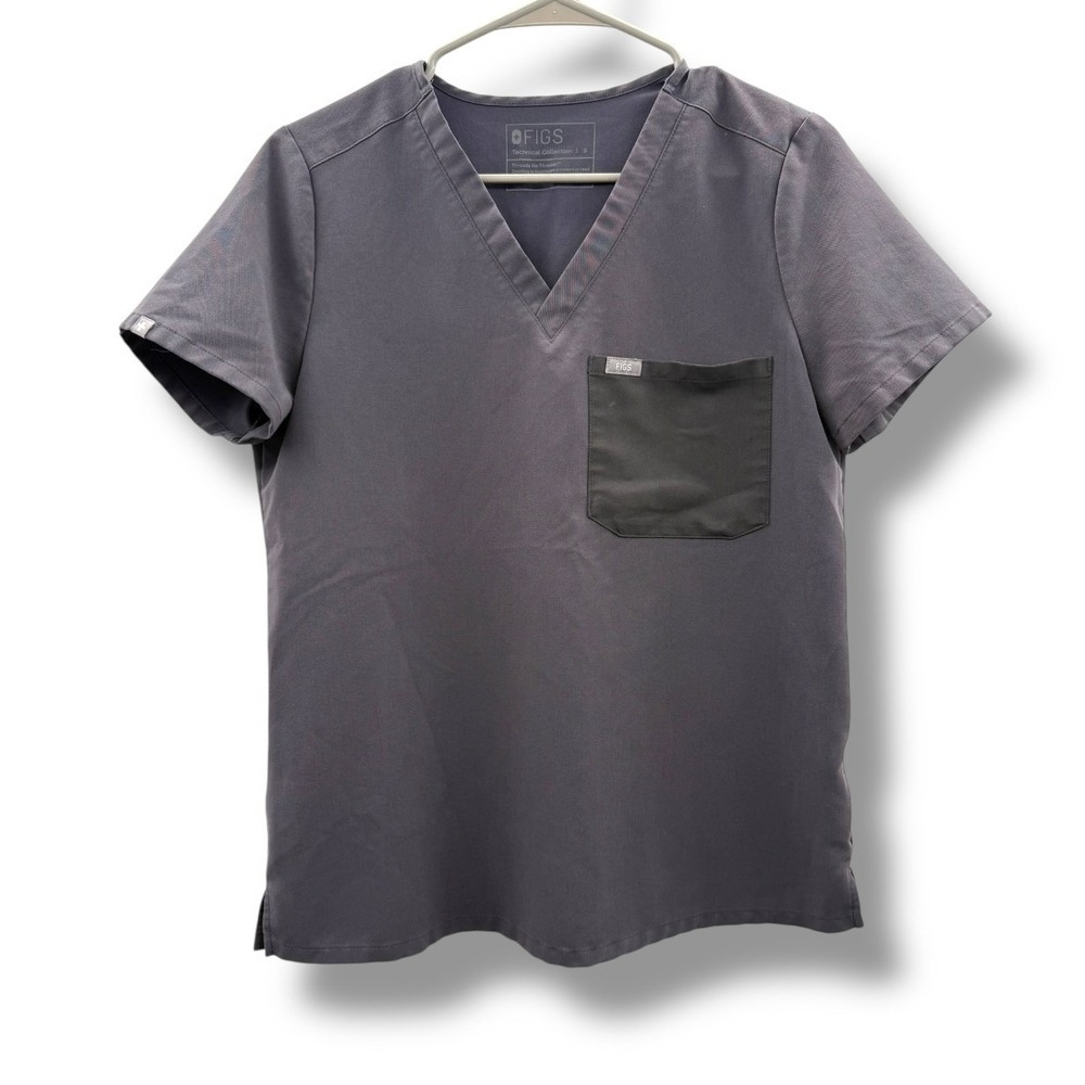 FIGS Scrub Top Women's Small Charcoal V‎ Neck Medical Uniform Pocket